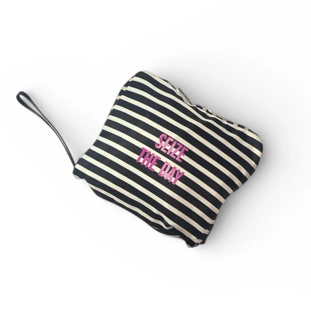 Kate Spade New York Black White Stripe Foldable Travel Tote Weekender Bag